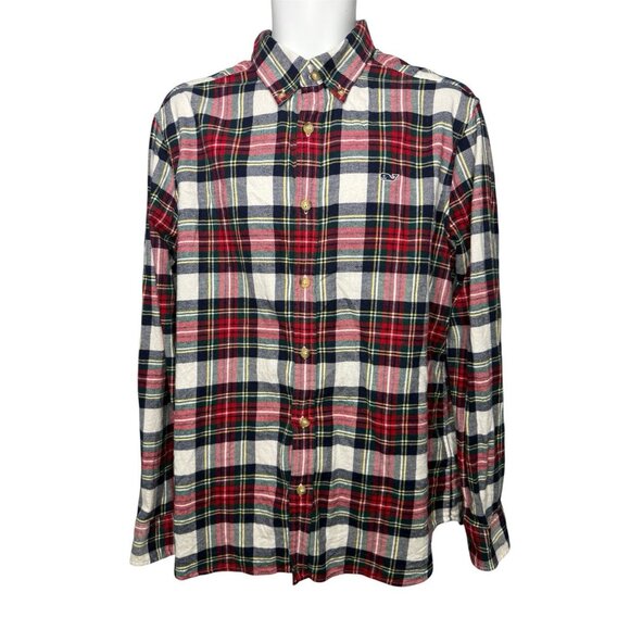 Vineyard Vines Men's Large Red Navy Plaid Flannel Long Sleeve Button Down‎ - Picture 1 of 6